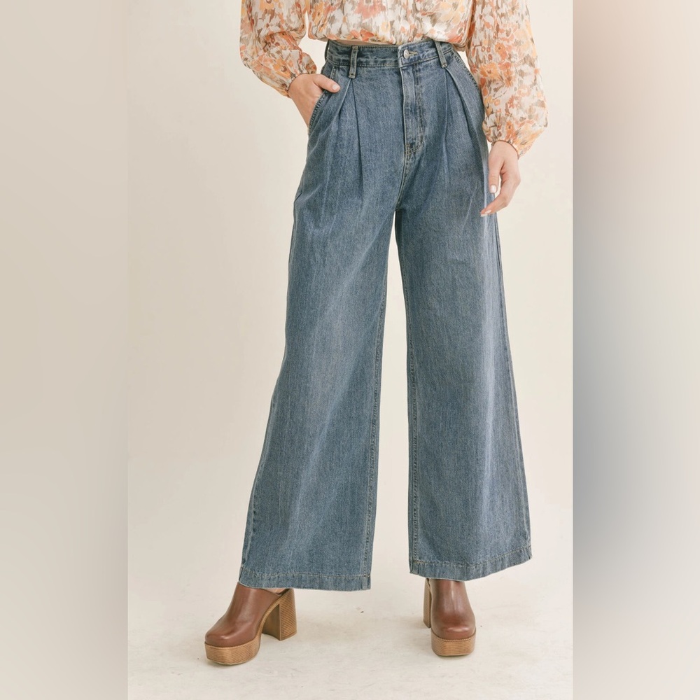 Sage Mid Wash Boho Pleaded Wide Leg High Rise Willa Denim Pant
